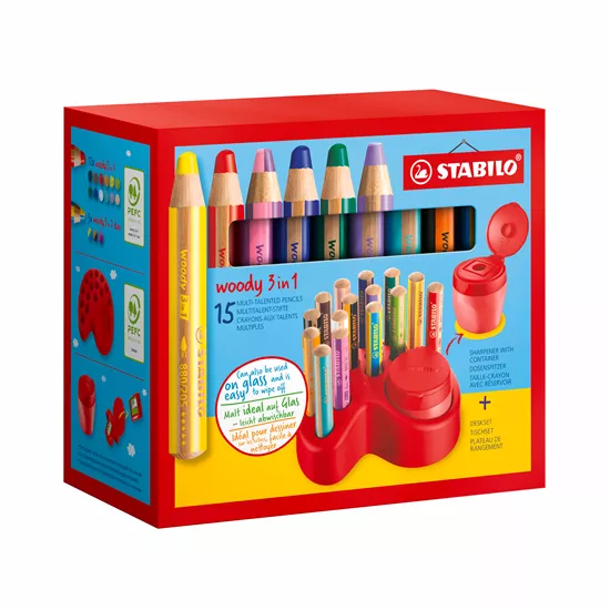 Crayon de couleur Stabilo Woody 3 en 1 couleurs assorties - Boite de 10 + 1  taille-crayon sur